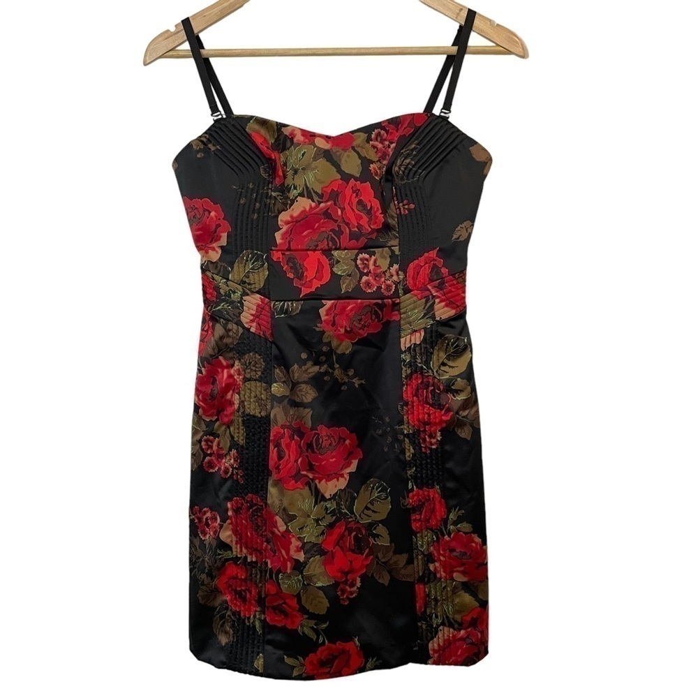 Guess Floral Satin Mini Dress Sz 5 Black Red Strapless Feminine Sexy Cocktail